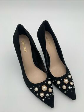 Nine West Black Pointed-Toe Pearl & Stud Embellished Pumps